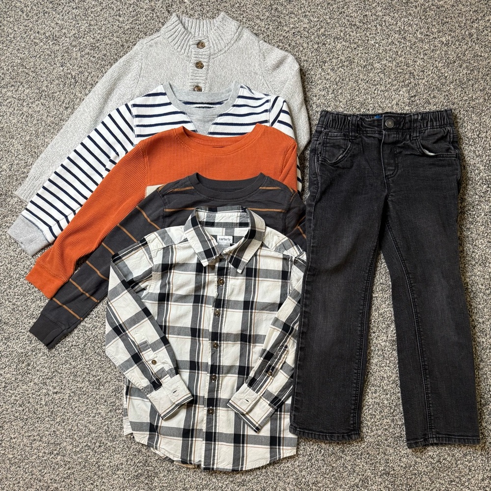 Boy’s 5T Neutral Plaid Button-Down & Mixed Tops Set with Black Jeans